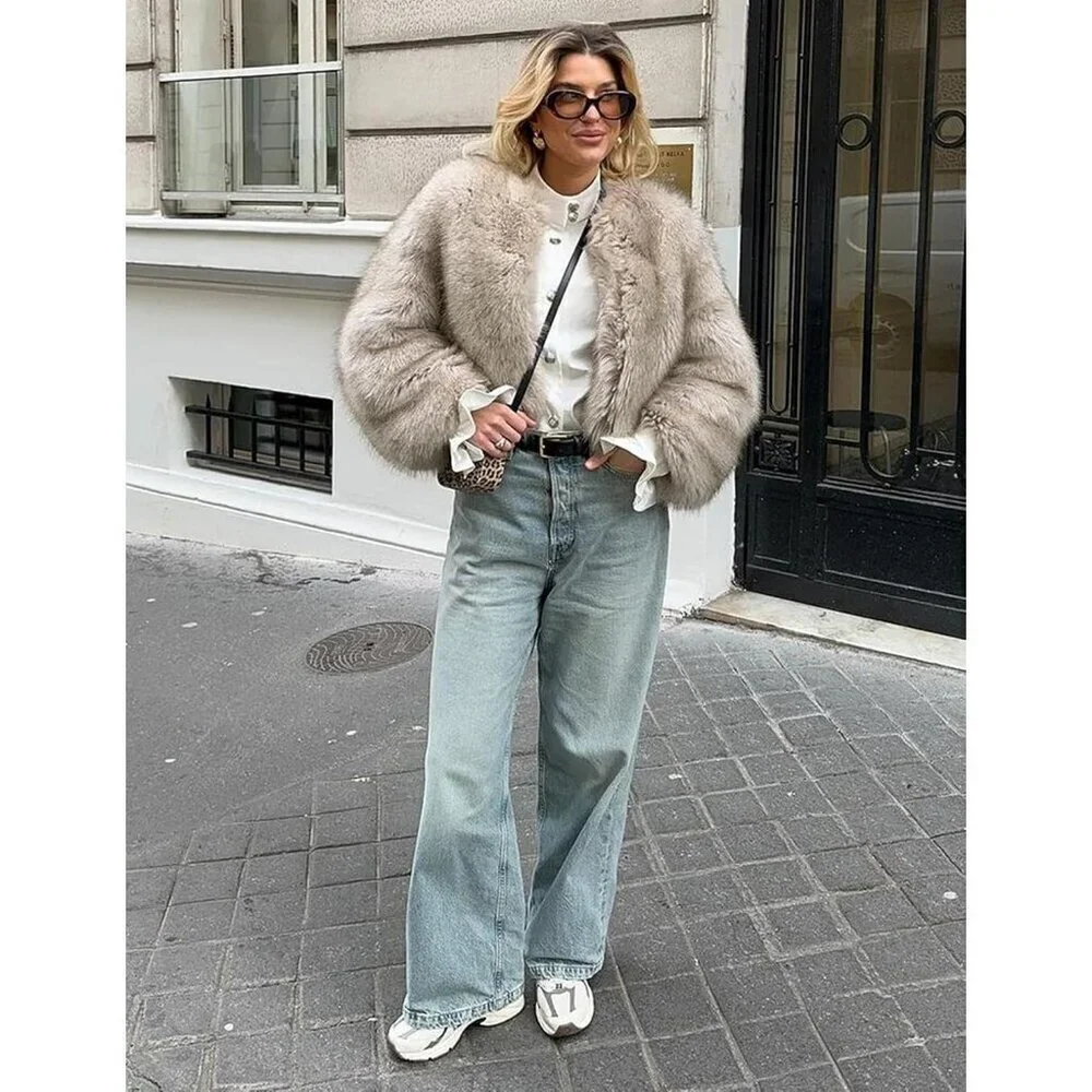 Women's Grey Wyeysyt Faux Fur Cropped Coat Fluffy Open Front Warm Winter Jacket - Picture 5 of 8